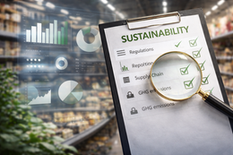 Sustainability audit clipboard with a checklist on regulations, reporting, supply chain and emissions